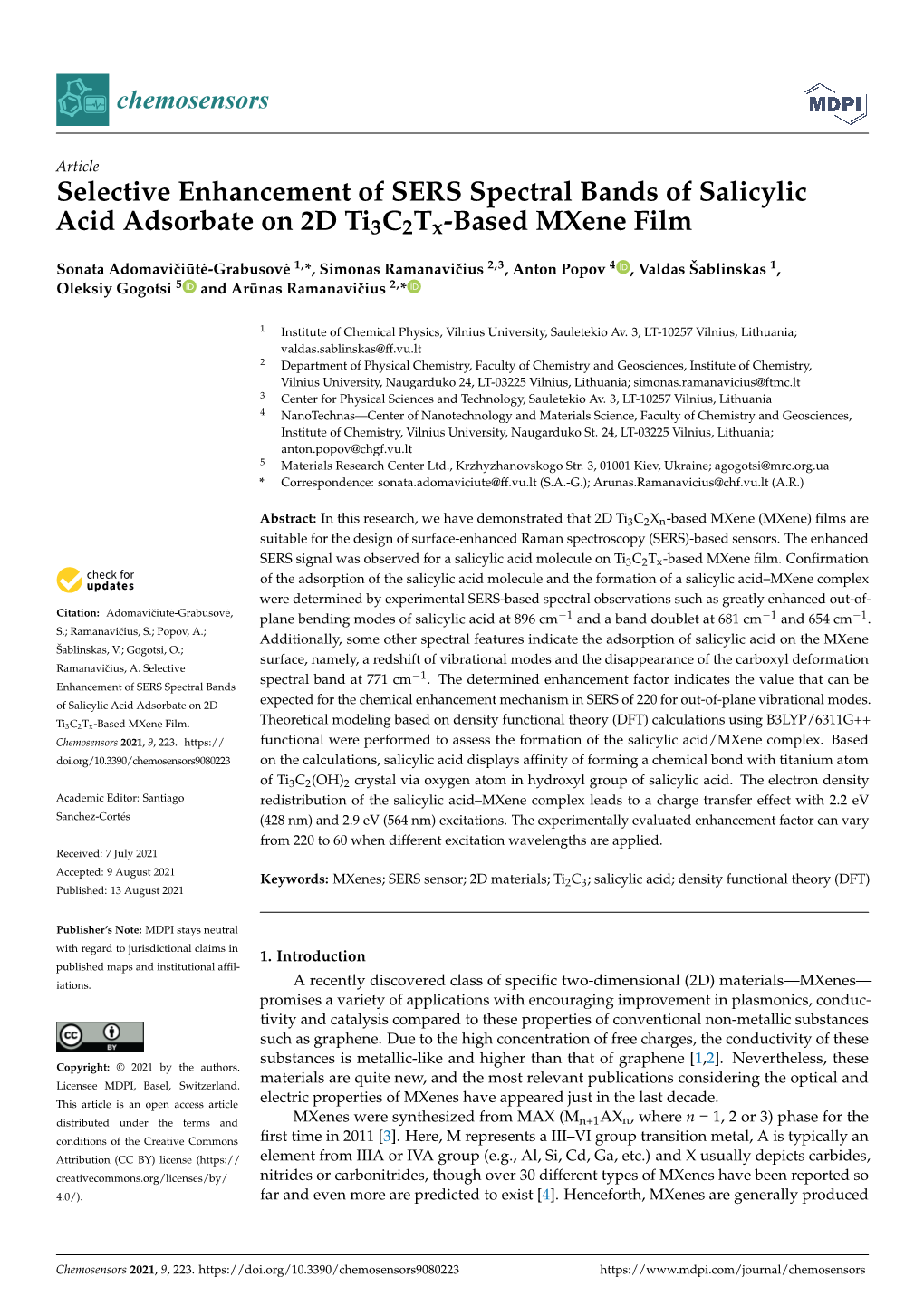 Selective Enhancement of SERS Spectral Bands of Salicylic Acid Adsorbate on 2D Ti3c2tx-Based Mxene Film