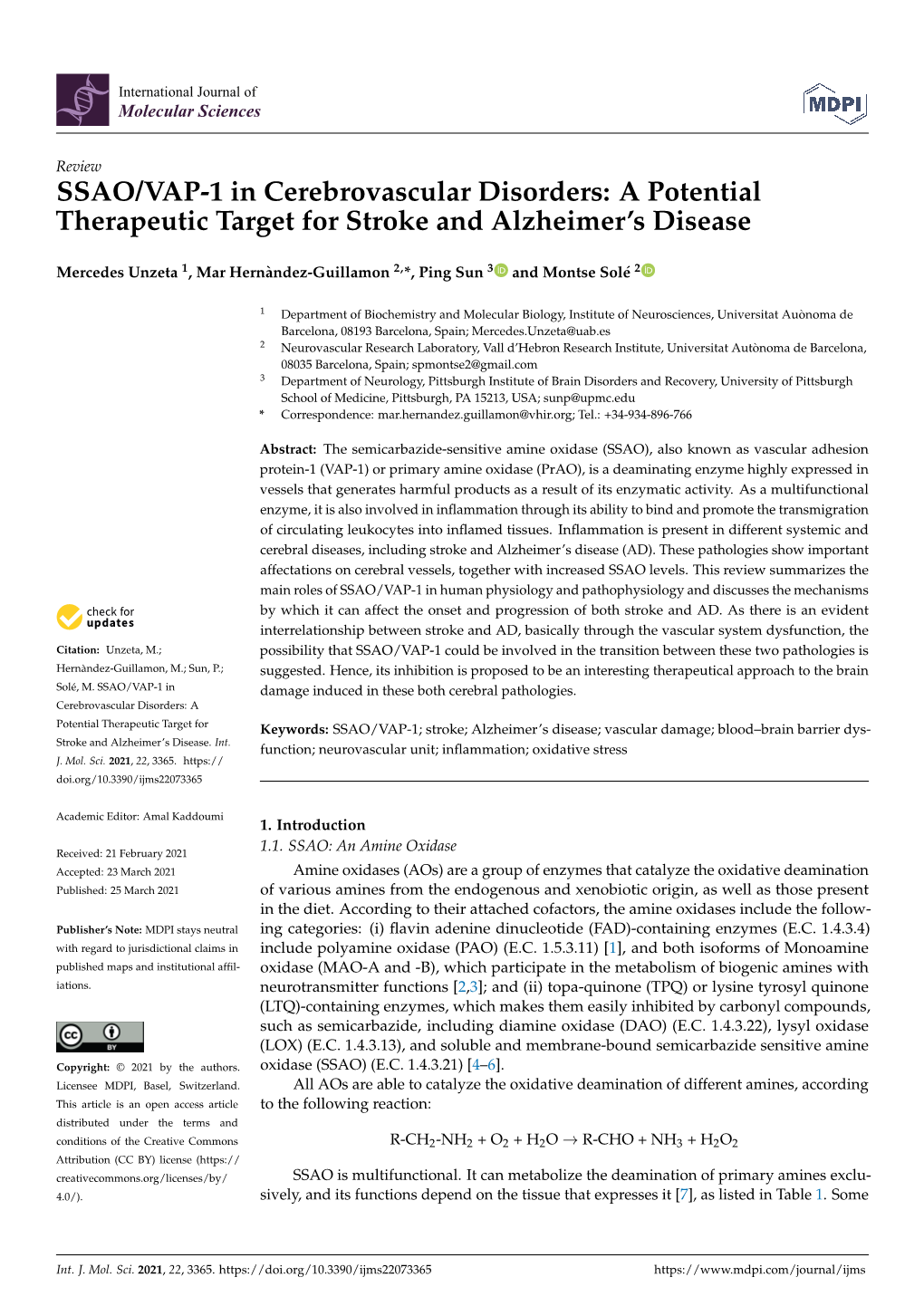 SSAO/VAP-1 in Cerebrovascular Disorders: a Potential Therapeutic Target for Stroke and Alzheimer’S Disease