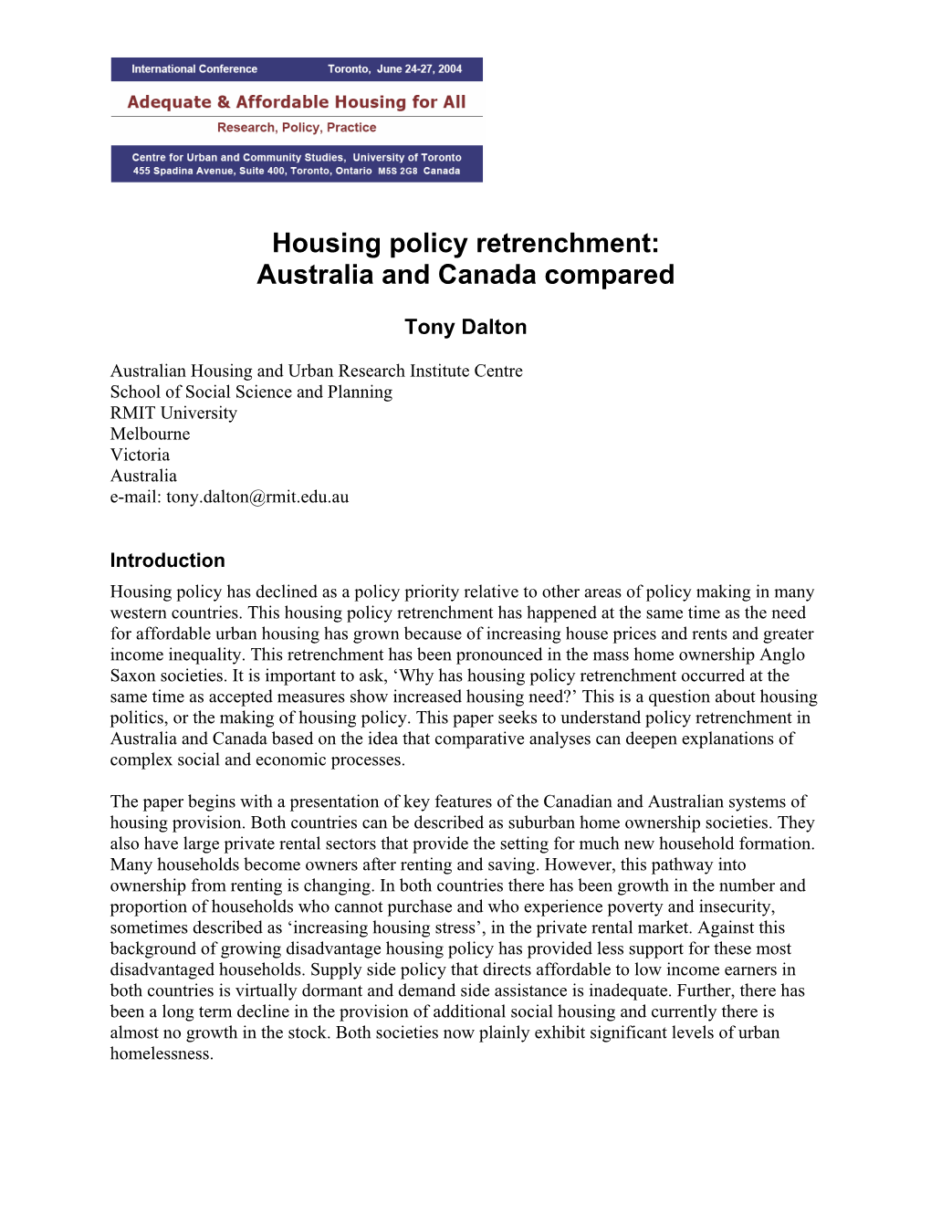 Housing Policy Retrenchment: Australia and Canada Compared