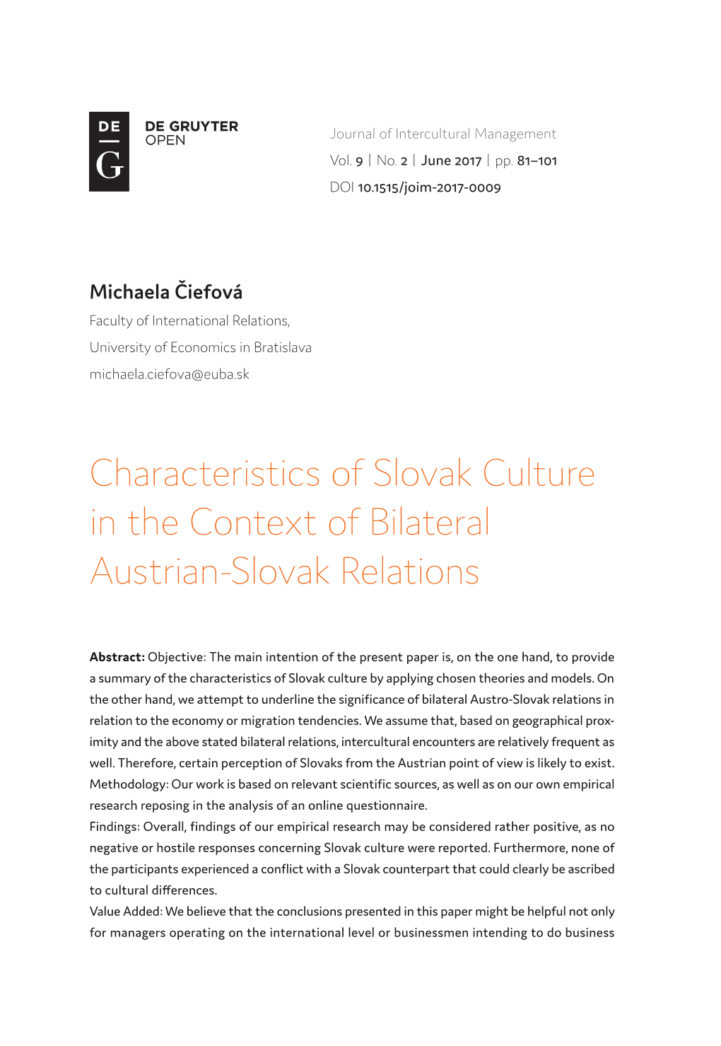 Characteristics of Slovak Culture in the Context of Bilateral Austrian-Slovak Relations