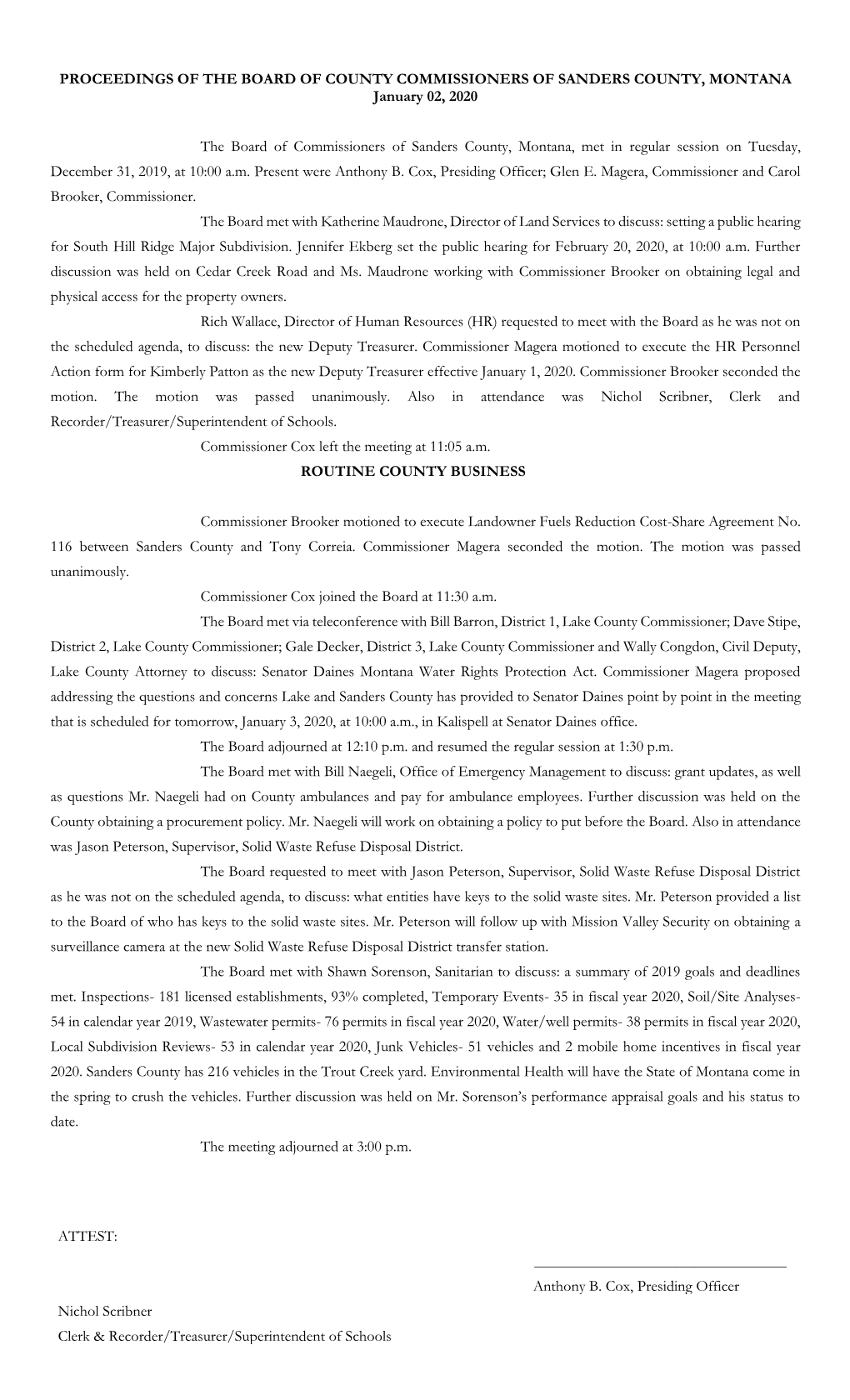 PROCEEDINGS of the BOARD of COUNTY COMMISSIONERS of SANDERS COUNTY, MONTANA January 02, 2020