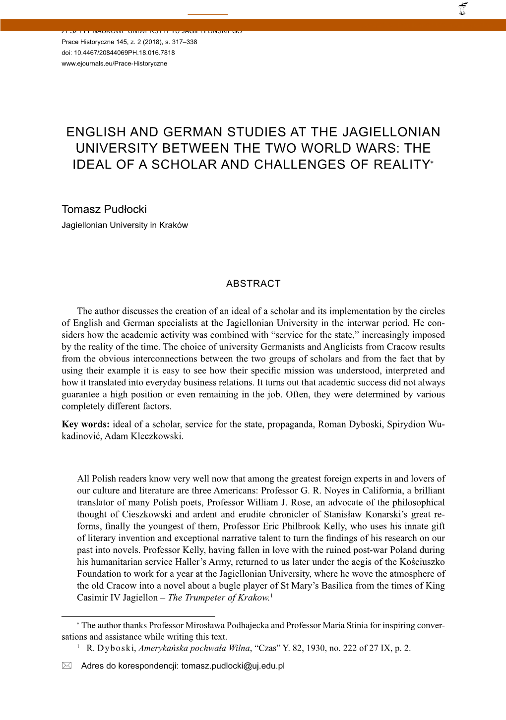 English and German Studies at the Jagiellonian University Between the Two World Wars: the Ideal of a Scholar and Challenges of Reality