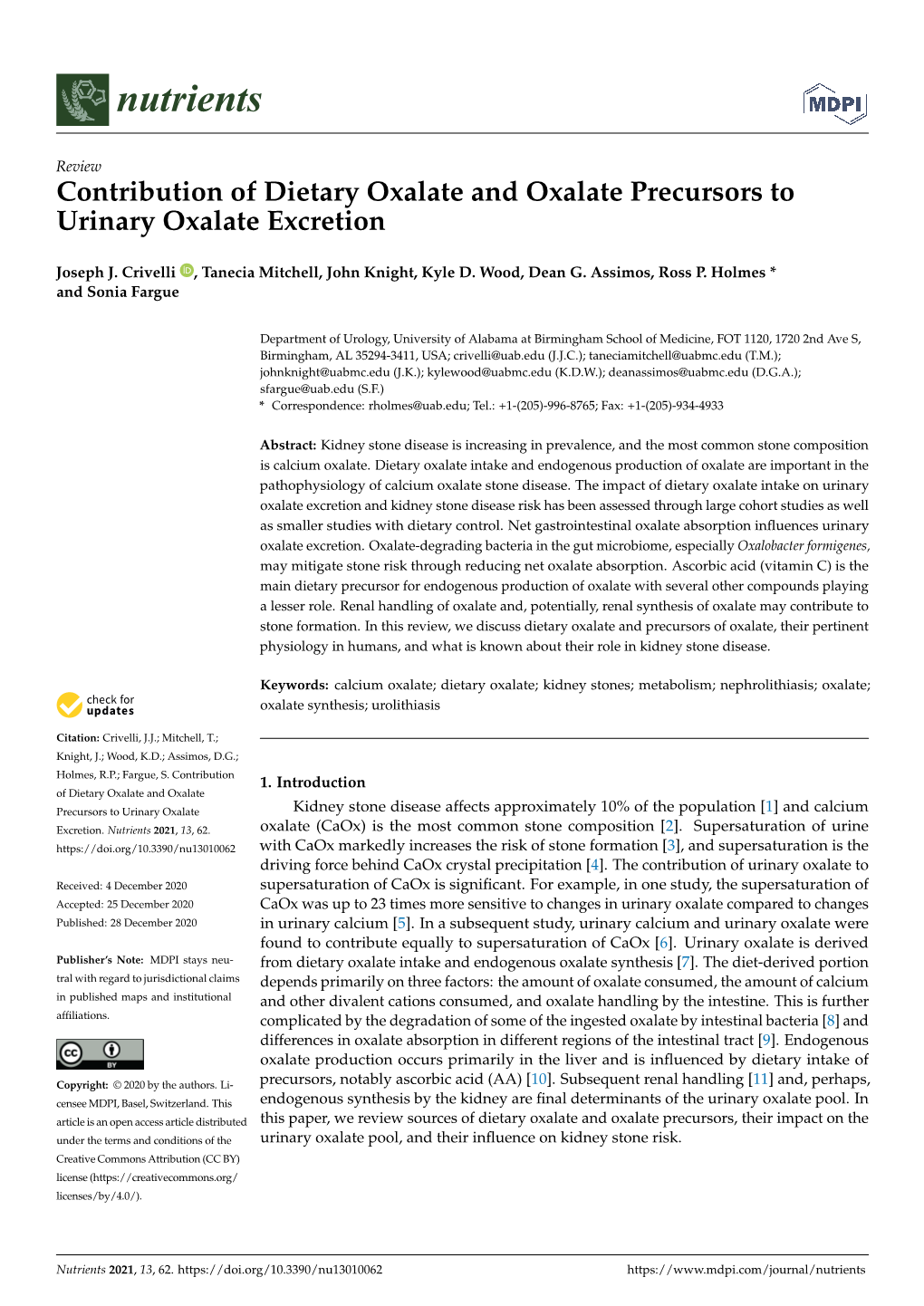 Contribution of Dietary Oxalate and Oxalate Precursors to Urinary Oxalate Excretion