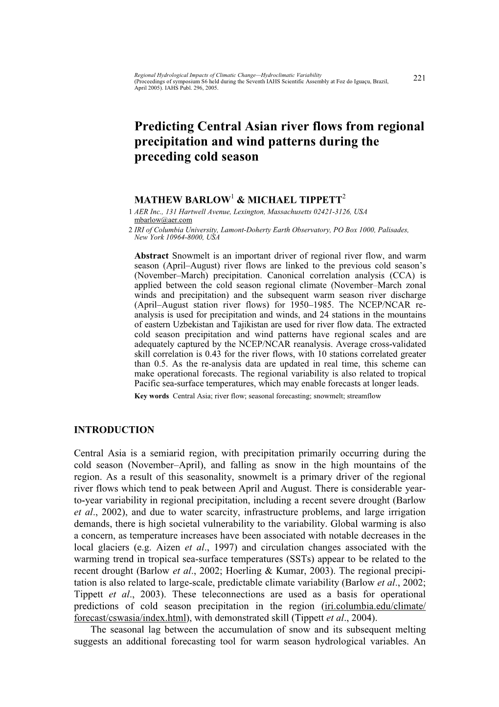 Predicting Central Asian River Flows from Regional Precipitation and Wind Patterns During the Preceding Cold Season