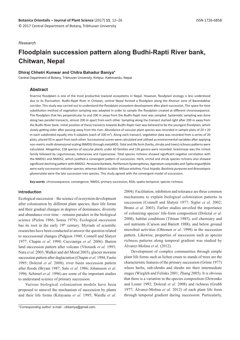 Floodplain Succession Pattern Along Budhi-Rapti River Bank, Chitwan, Nepal