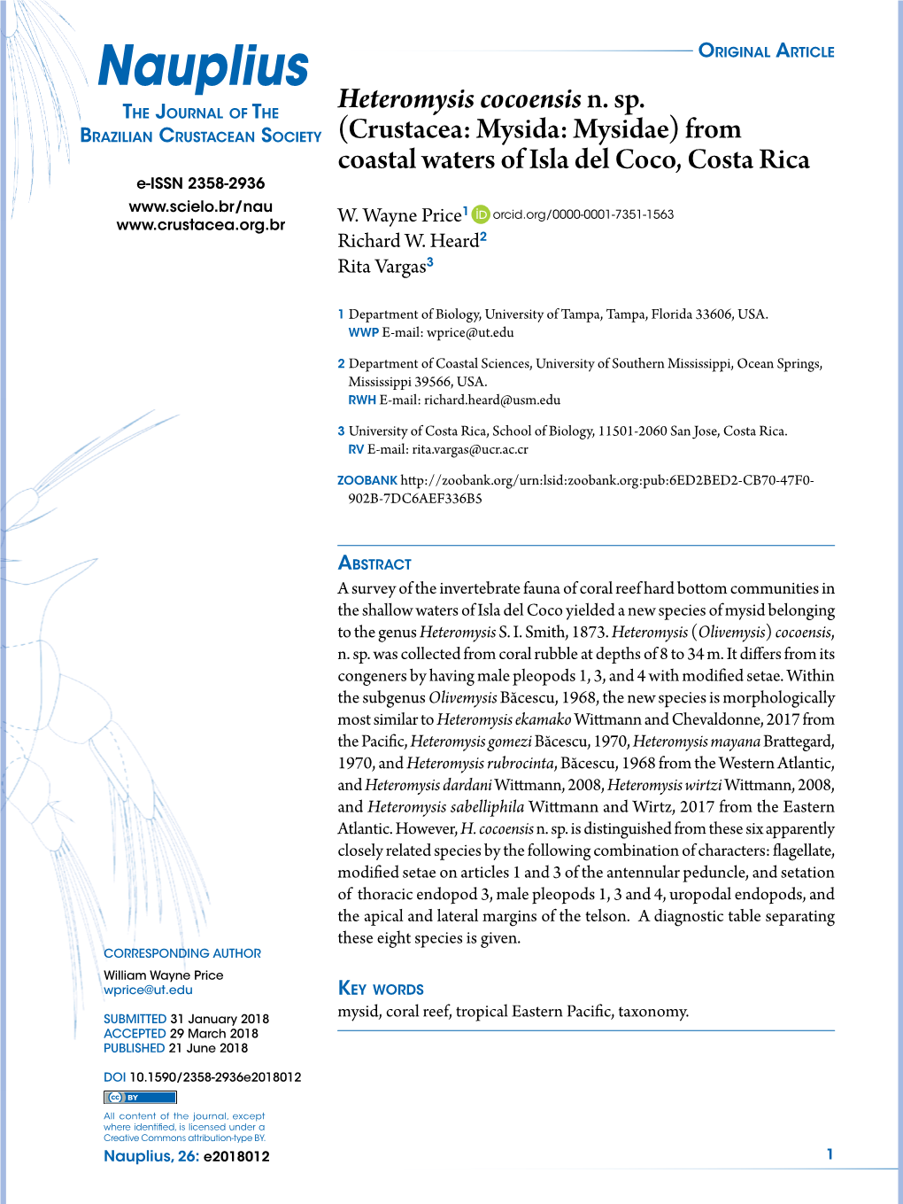 Nauplius Original Article the Journal of the Heteromysis Cocoensis N