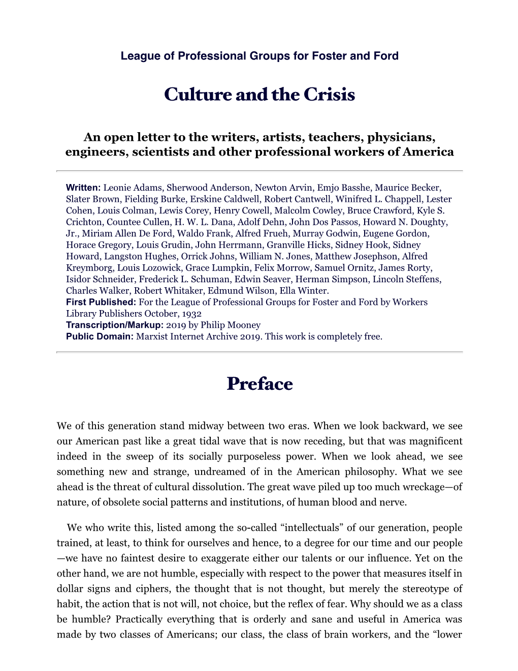 Culture and the Crisis Preface