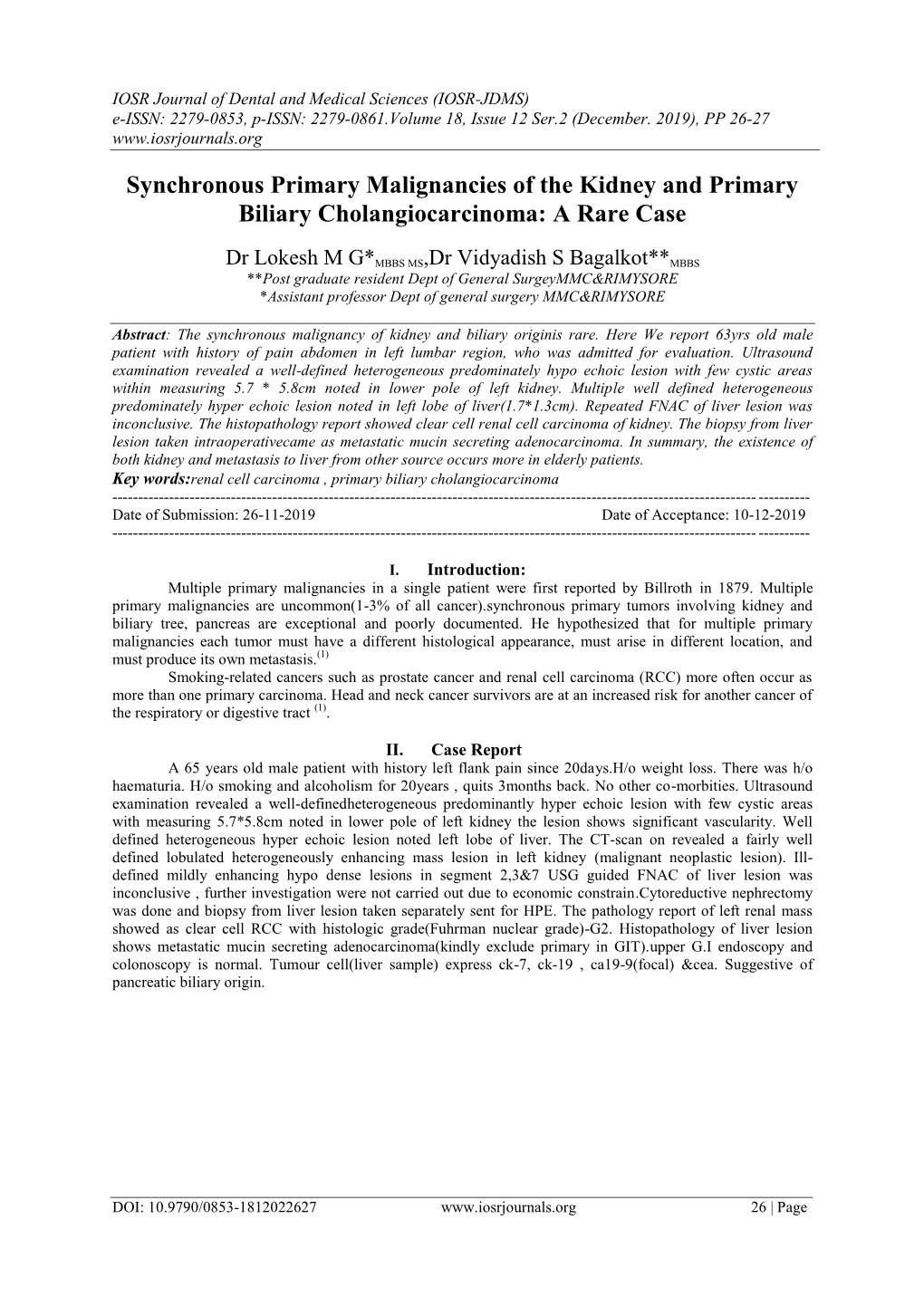 Synchronous Primary Malignancies of the Kidney and Primary Biliary Cholangiocarcinoma: a Rare Case