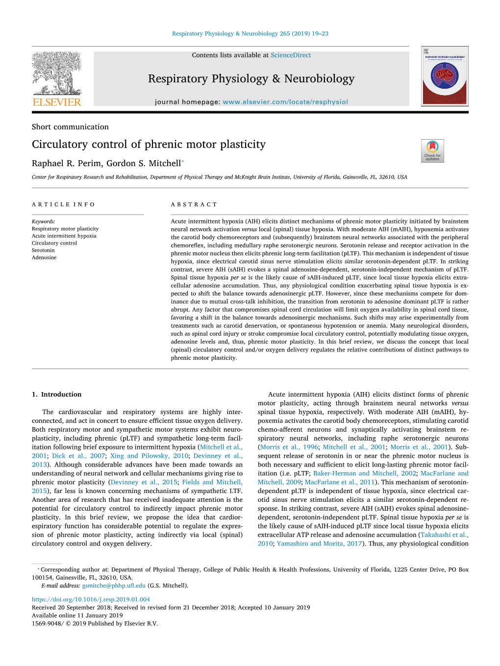 Circulatory Control of Phrenic Motor Plasticity T ⁎ Raphael R