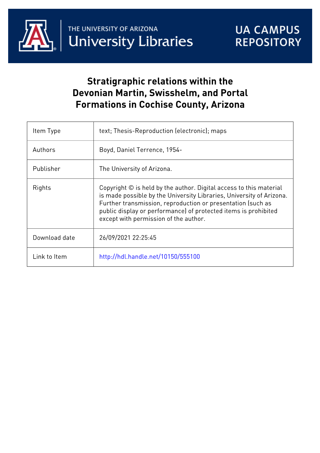 Stratigraphic Relations Within the Devonian Martin, Swisshelm, and Portal Formations in Cochise County, Arizona