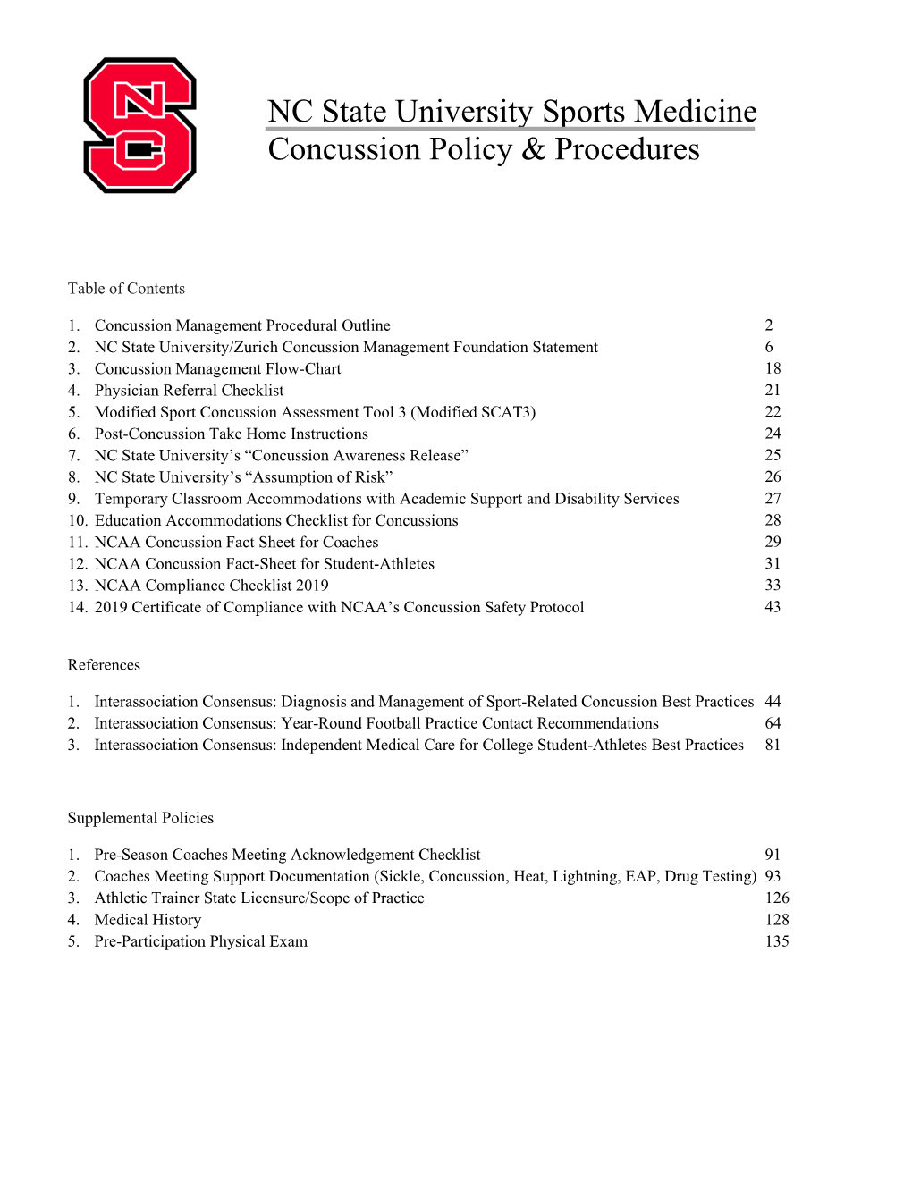 NC State University Sports Medicine Concussion Policy & Procedures
