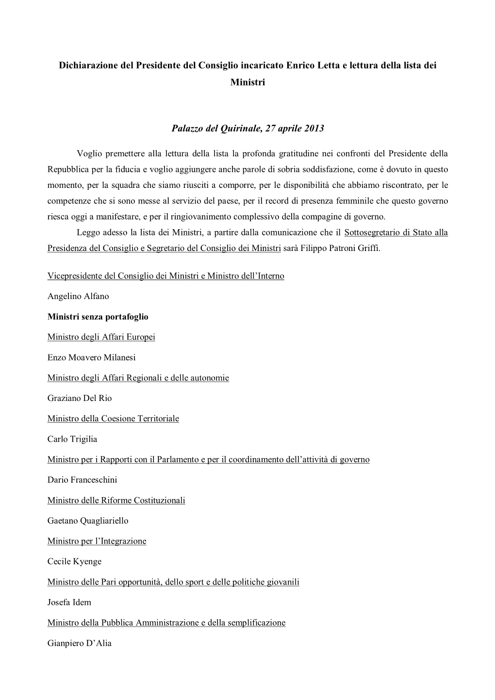 Enrico Letta E Lettura Della Lista Dei Ministri