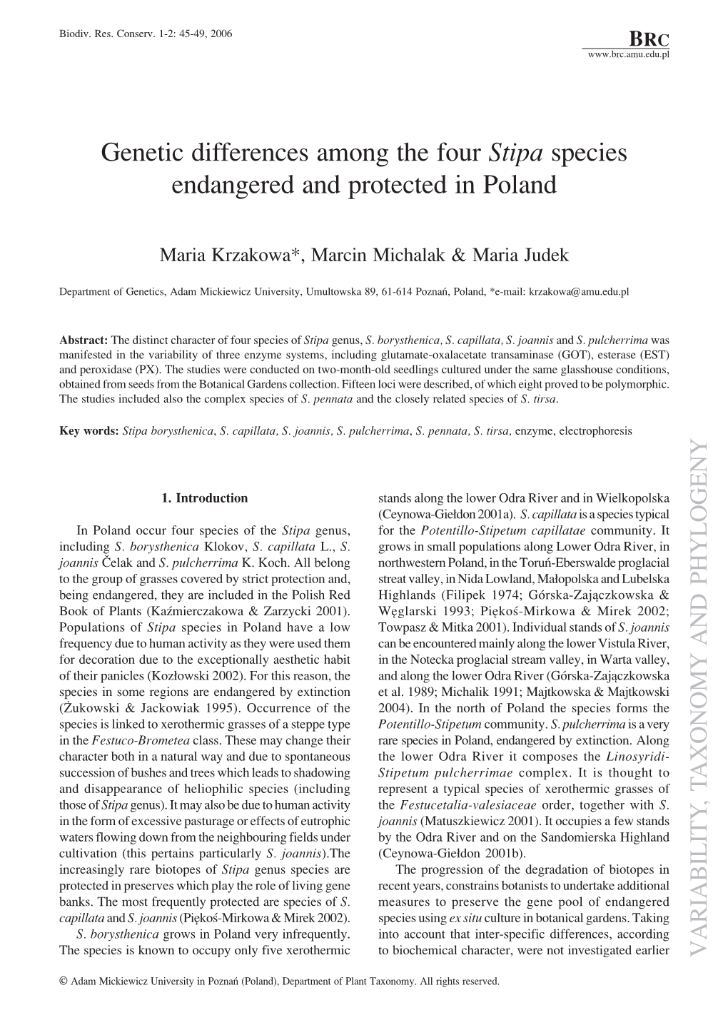 Genetic Differences Among the Four Stipa Species Endangered and Protected in Poland