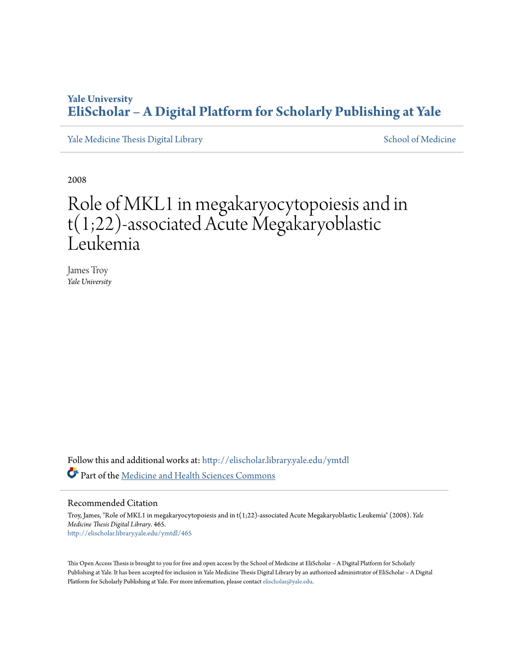 Associated Acute Megakaryoblastic Leukemia James Troy Yale University