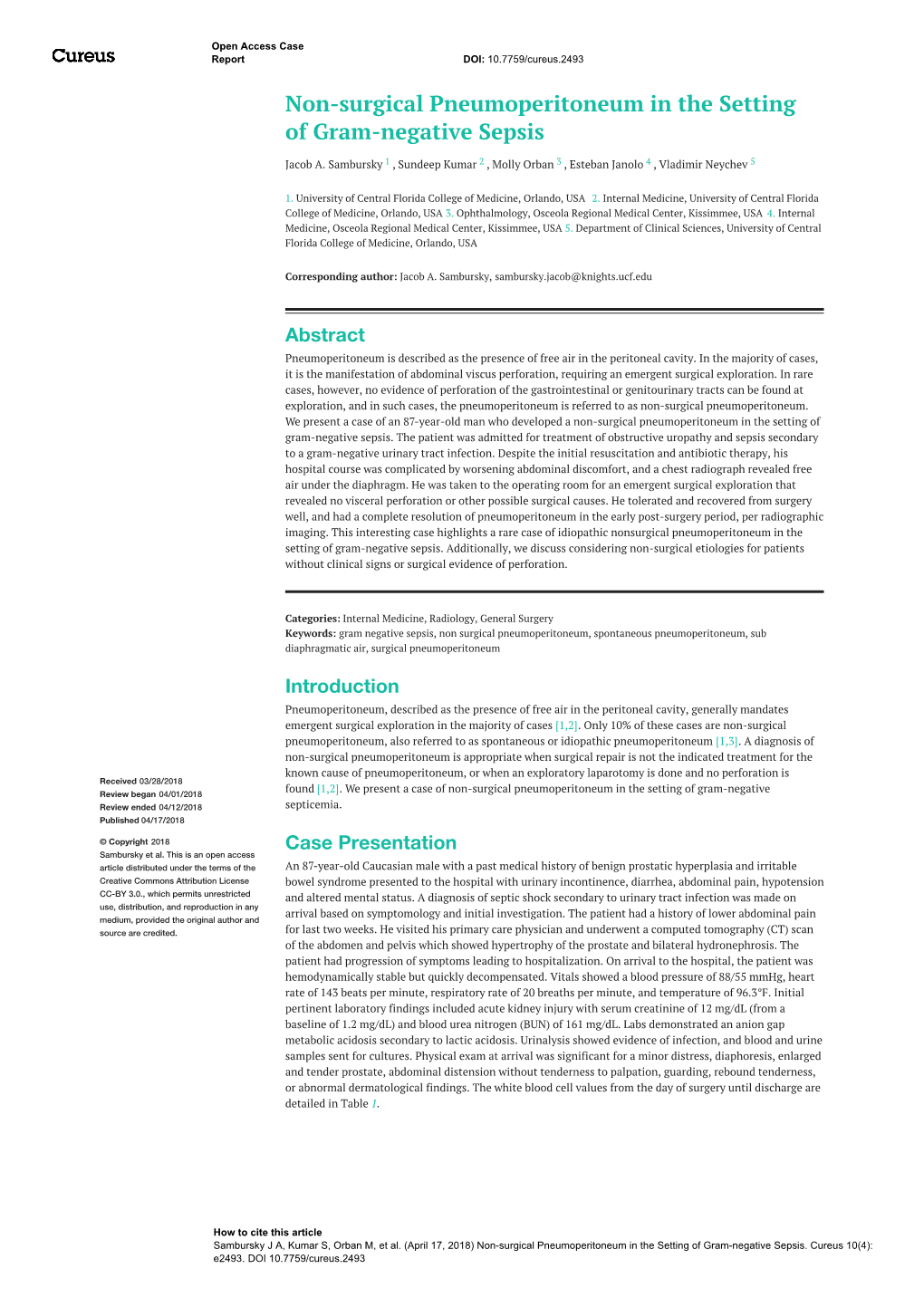 Non-Surgical Pneumoperitoneum in the Setting of Gram-Negative Sepsis