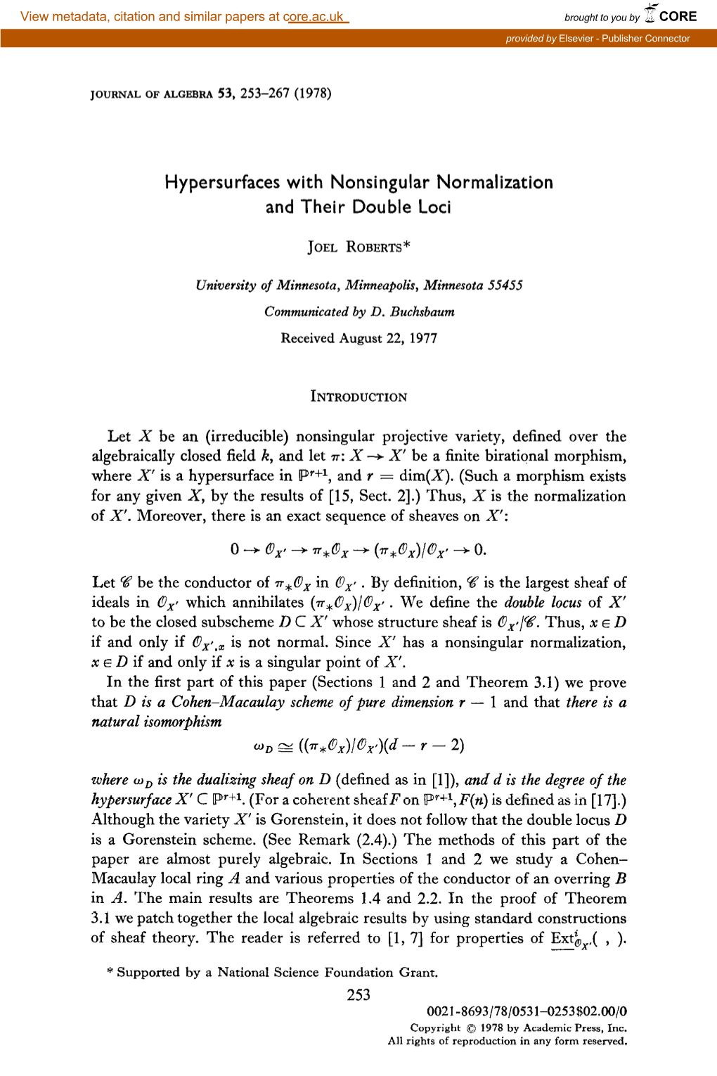 Hypersurfaces with Nonsingular Normalization and Their Double Loci