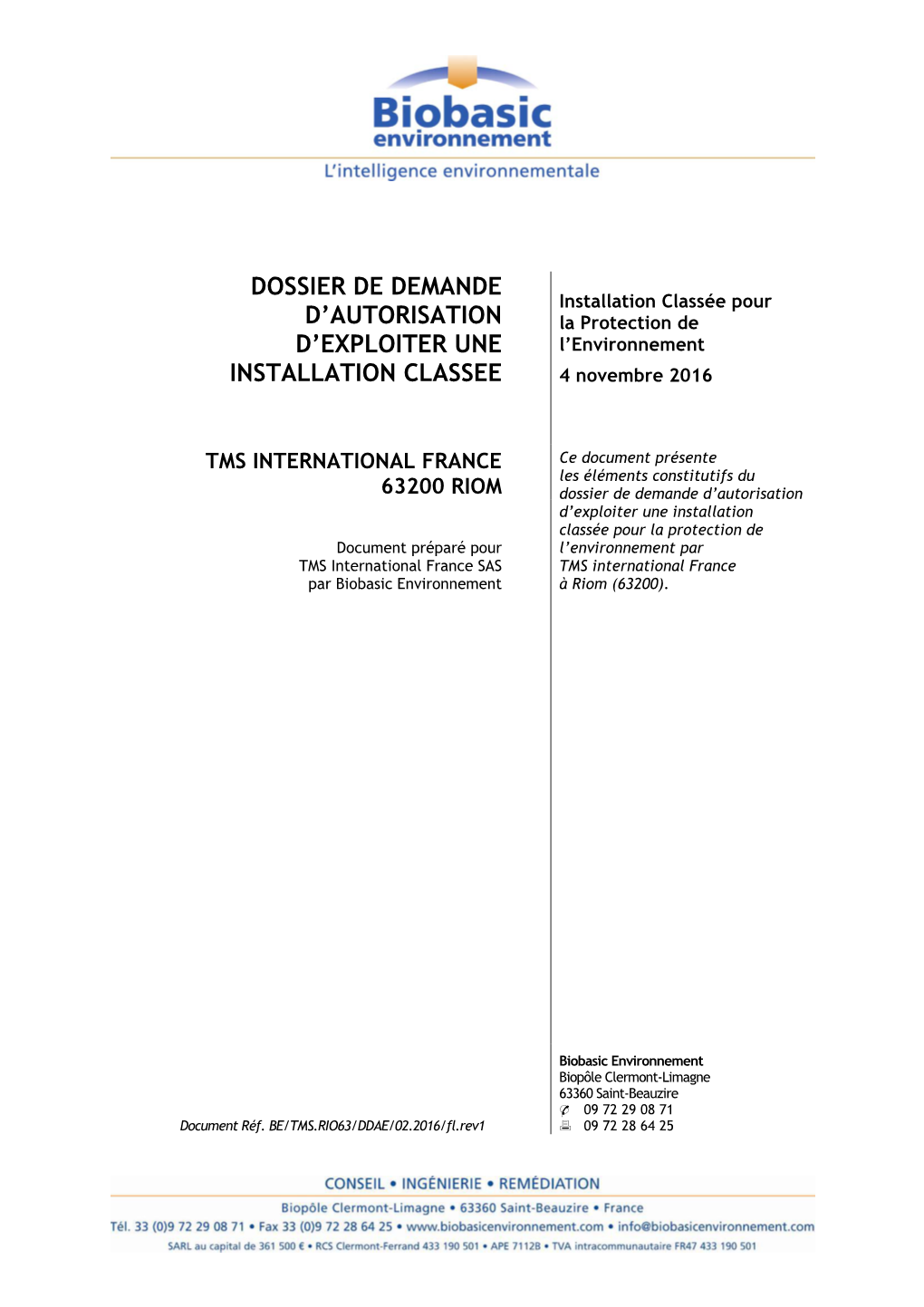 Dossier De Demande D'autorisation D'exploiter Une Installation Classee