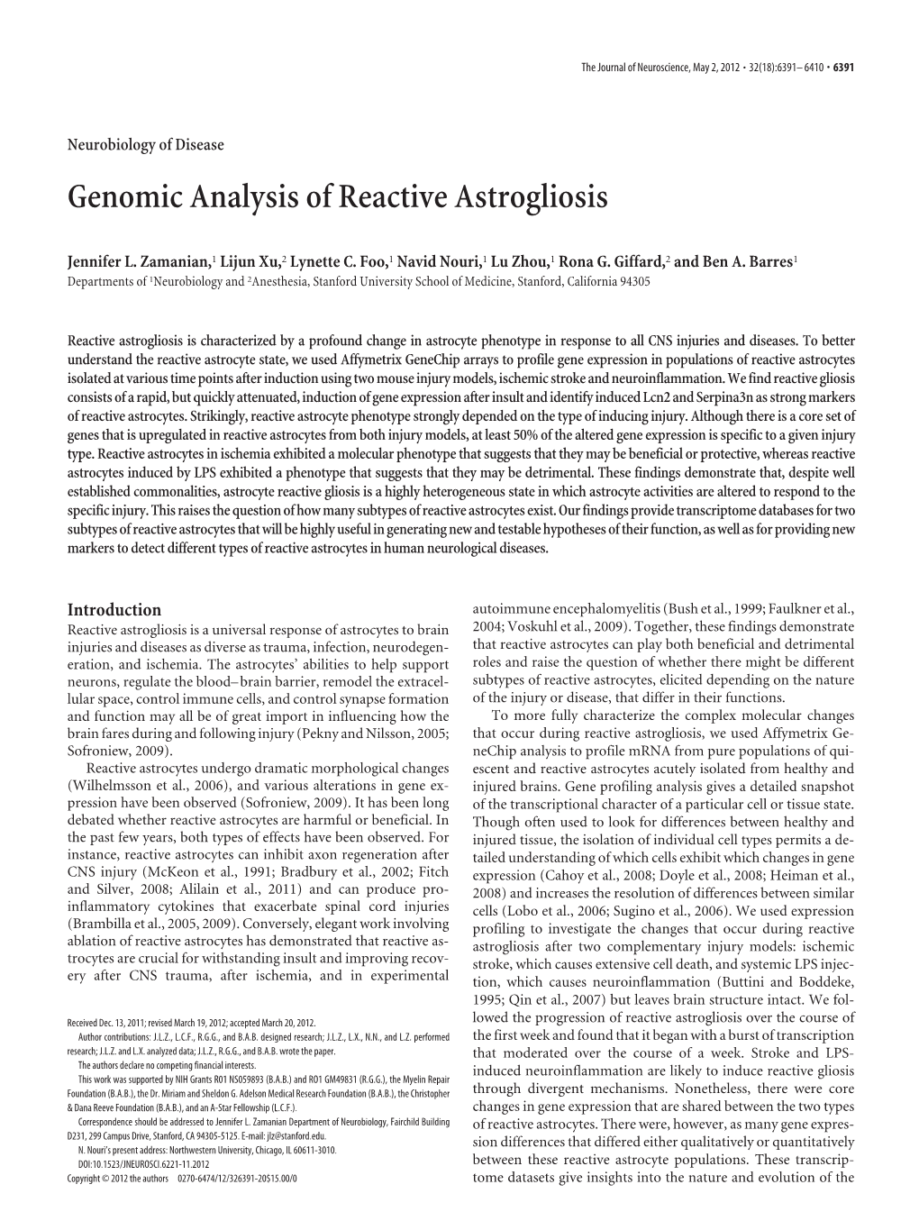 Genomic Analysis of Reactive Astrogliosis