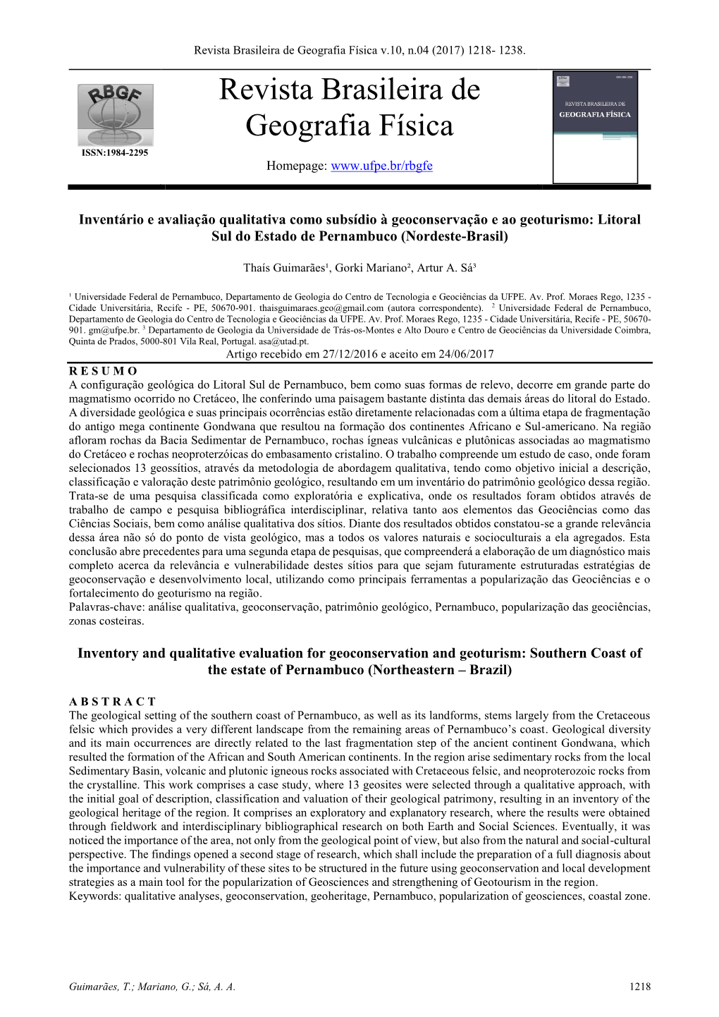 Revista Brasileira De Geografia Física V.10, N.04 (2017) 1218- 1238