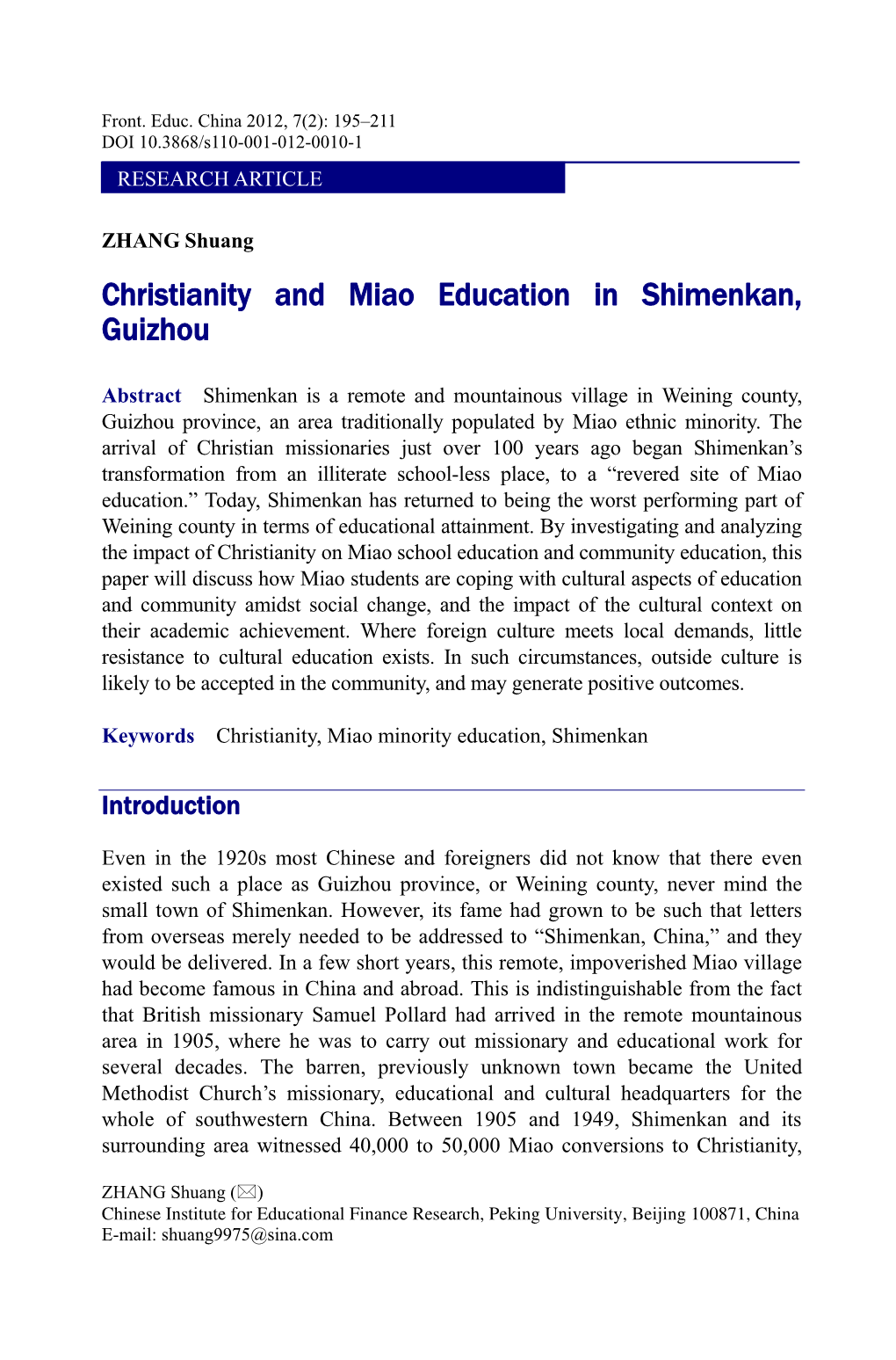 Christianity and Miao Education in Shimenkan, Guizhou