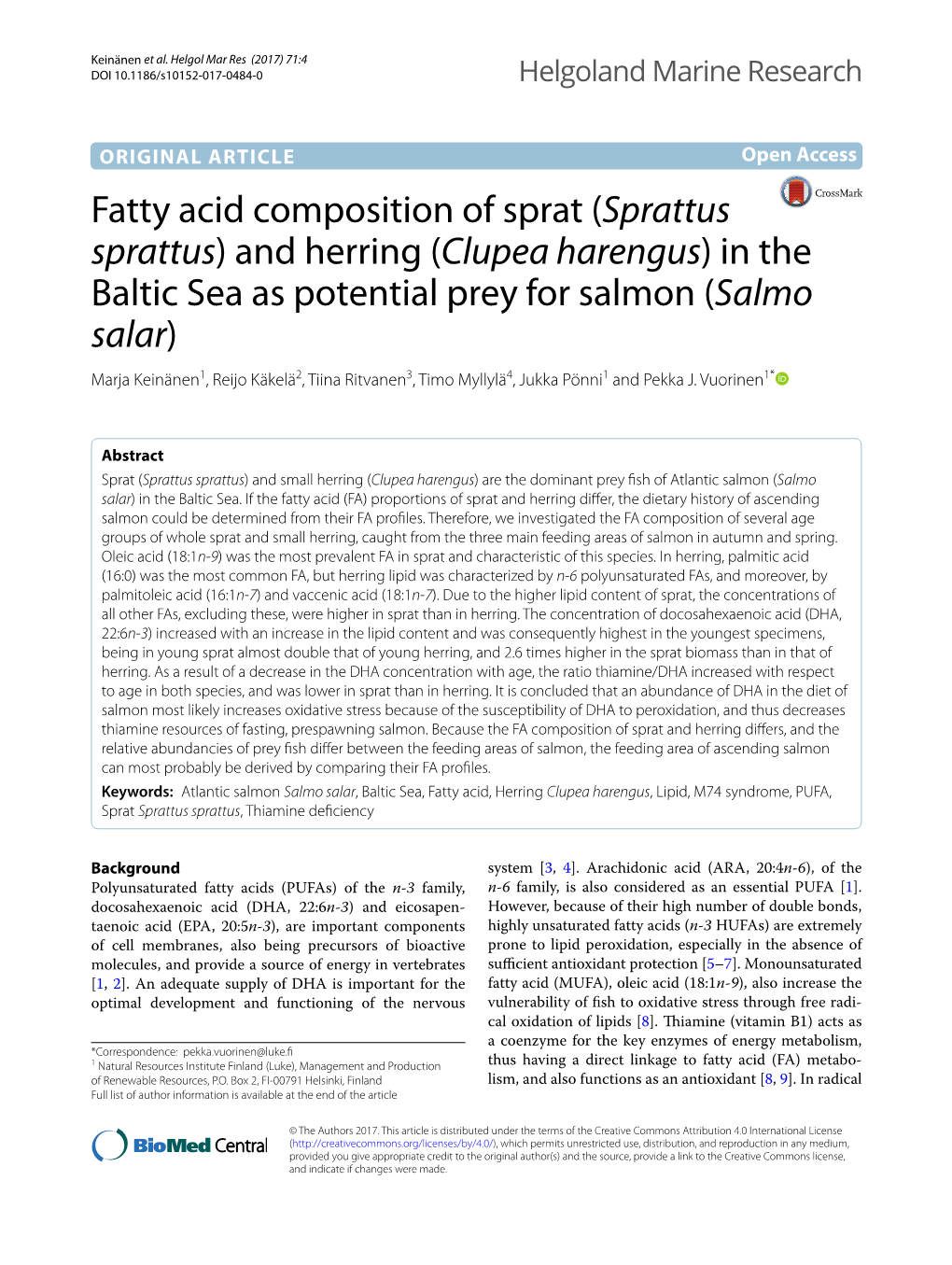 Fatty Acid Composition of Sprat (Sprattus Sprattus) and Herring