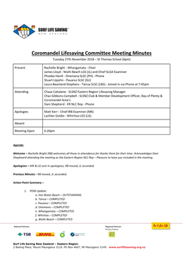 Coromandel Lifesaving Committee Meeting Minutes Tuesday 27Th November 2018 – St Thomas School (6Pm)