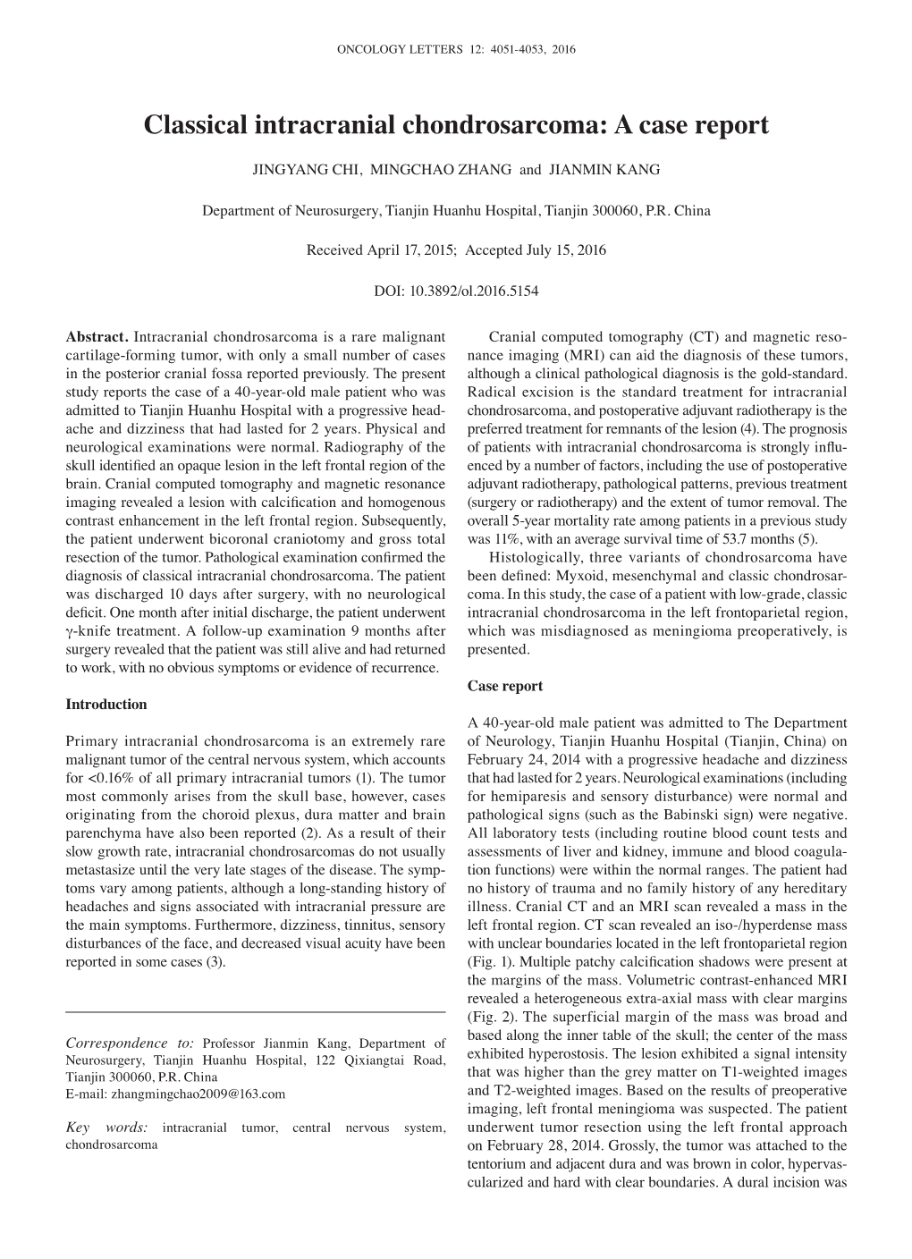 Classical Intracranial Chondrosarcoma: a Case Report