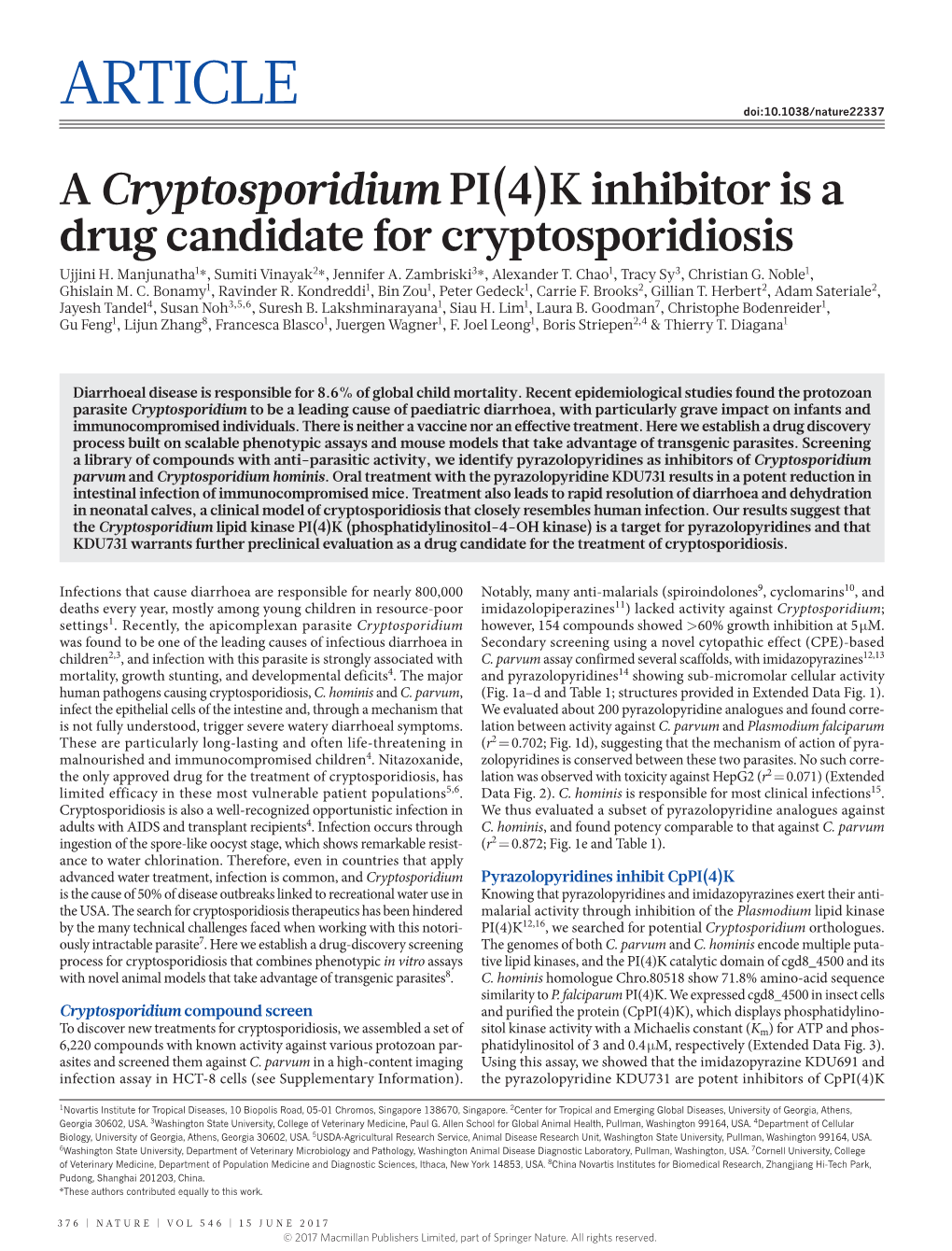 A Cryptosporidium PI(4)K Inhibitor Is a Drug Candidate for Cryptosporidiosis Ujjini H