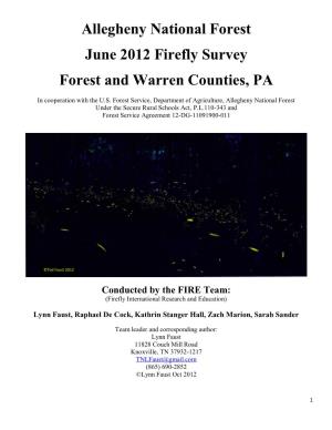 Allegheny National Forest June 2012 Firefly Survey Forest and Warren Counties, PA
