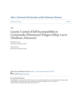 Genetic Control of Self-Incompatibility in Centromadia (Hemizonia) Pungens Subsp