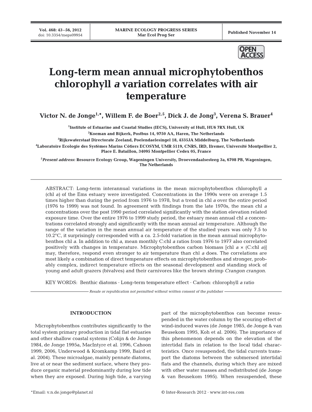 Long-Term Mean Annual Microphytobenthos Chlorophyll a Variation Correlates with Air Temperature
