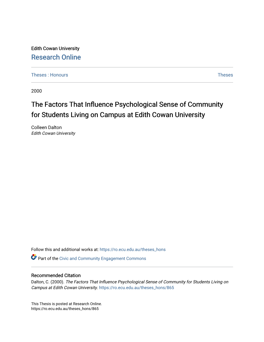 The Factors That Influence Psychological Sense of Community for Students Living on Campus at Edith Cowan University