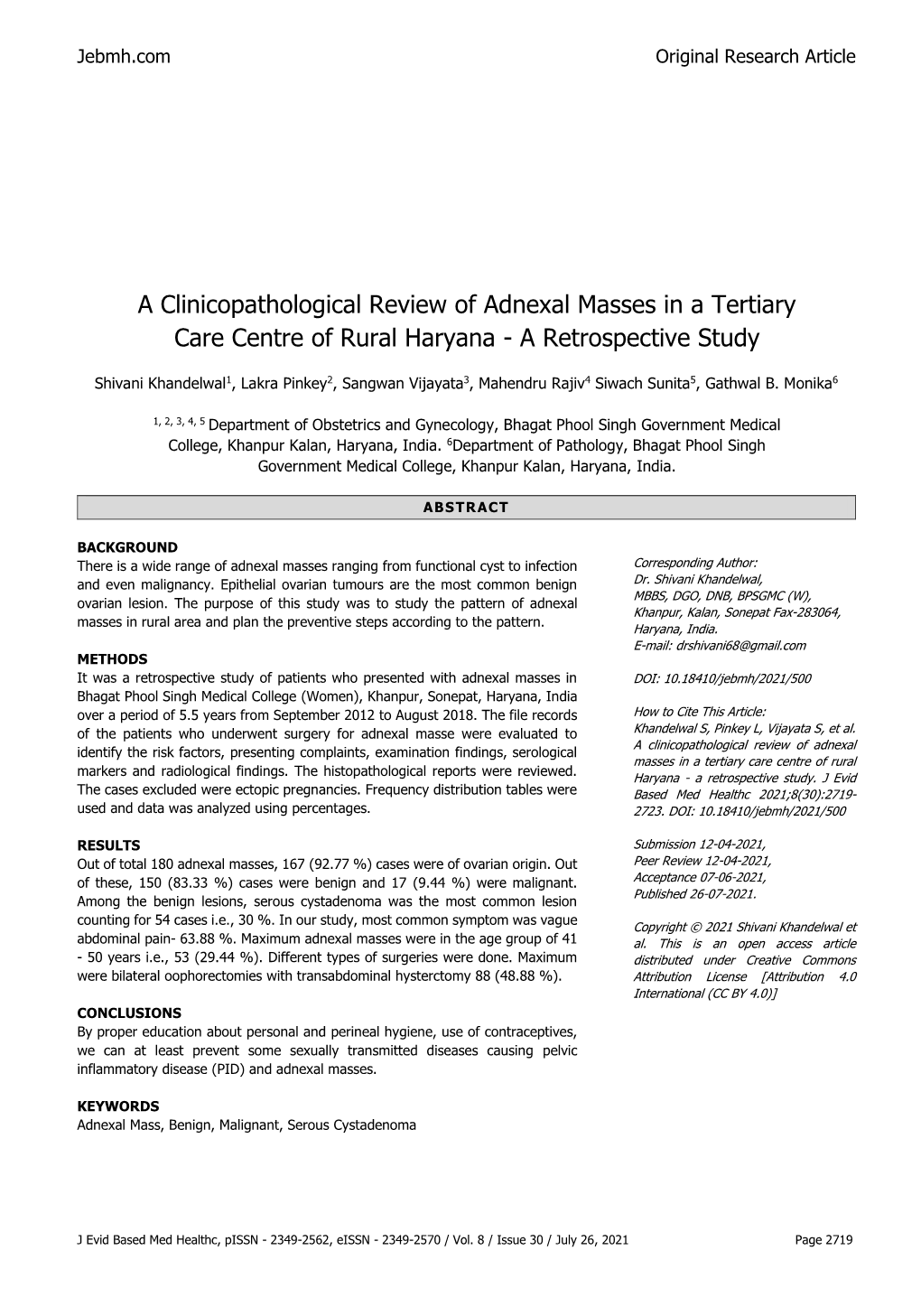 A Clinicopathological Review of Adnexal Masses in a Tertiary Care Centre of Rural Haryana - a Retrospective Study