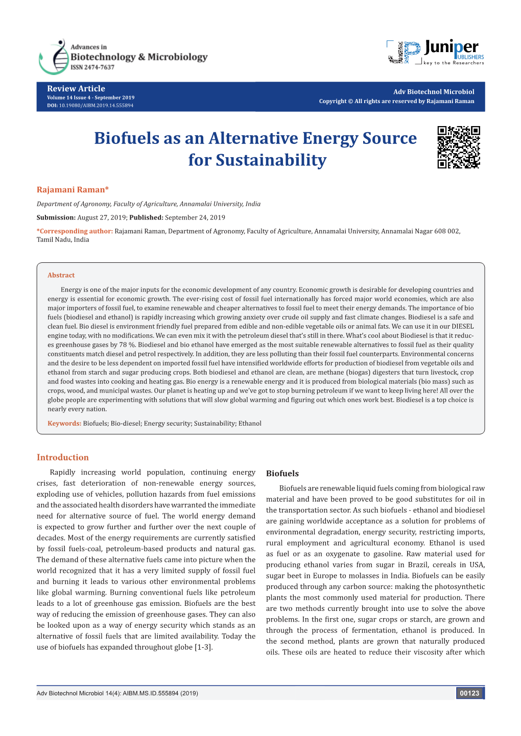 Biofuels As an Alternative Energy Source for Sustainability