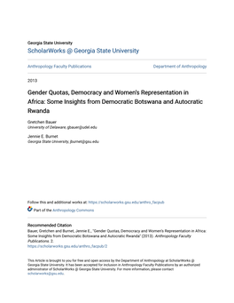Gender Quotas, Democracy and Womenâ•Žs Representation in Africa: Some Insights from Democratic Botswana and Autocratic Rwand