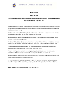 Archbishop Wilson Sends Condolences to Chaldean Catholics Following Killing of the Archbishop of Mosul in Iraq