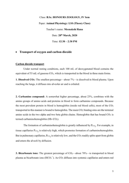 • Transport of Oxygen and Carbon Dioxide