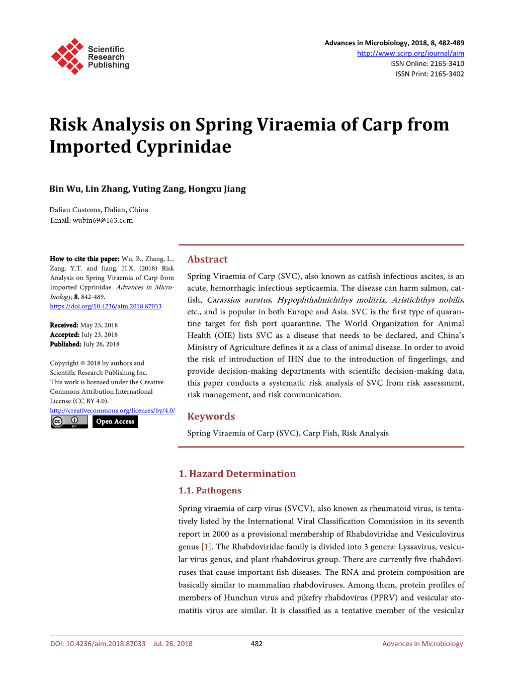 Risk Analysis on Spring Viraemia of Carp from Imported Cyprinidae