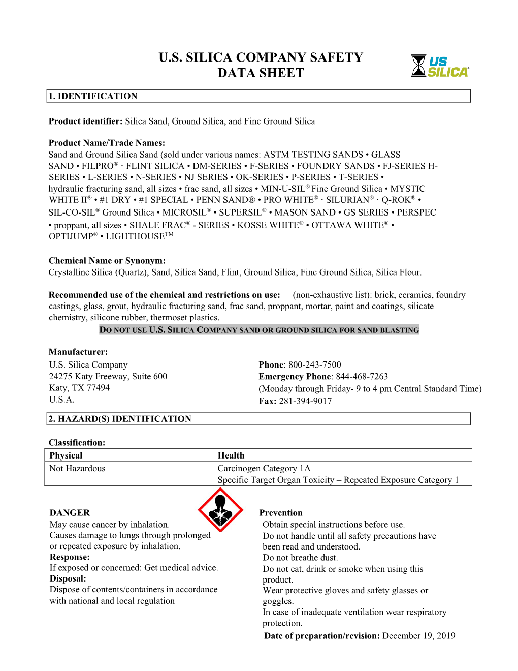 U.S. Silica Company Safety Data Sheet