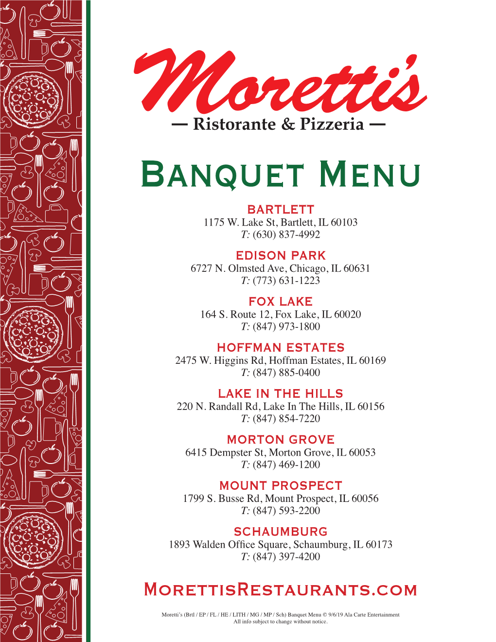 Banquet Menu BARTLETT 1175 W