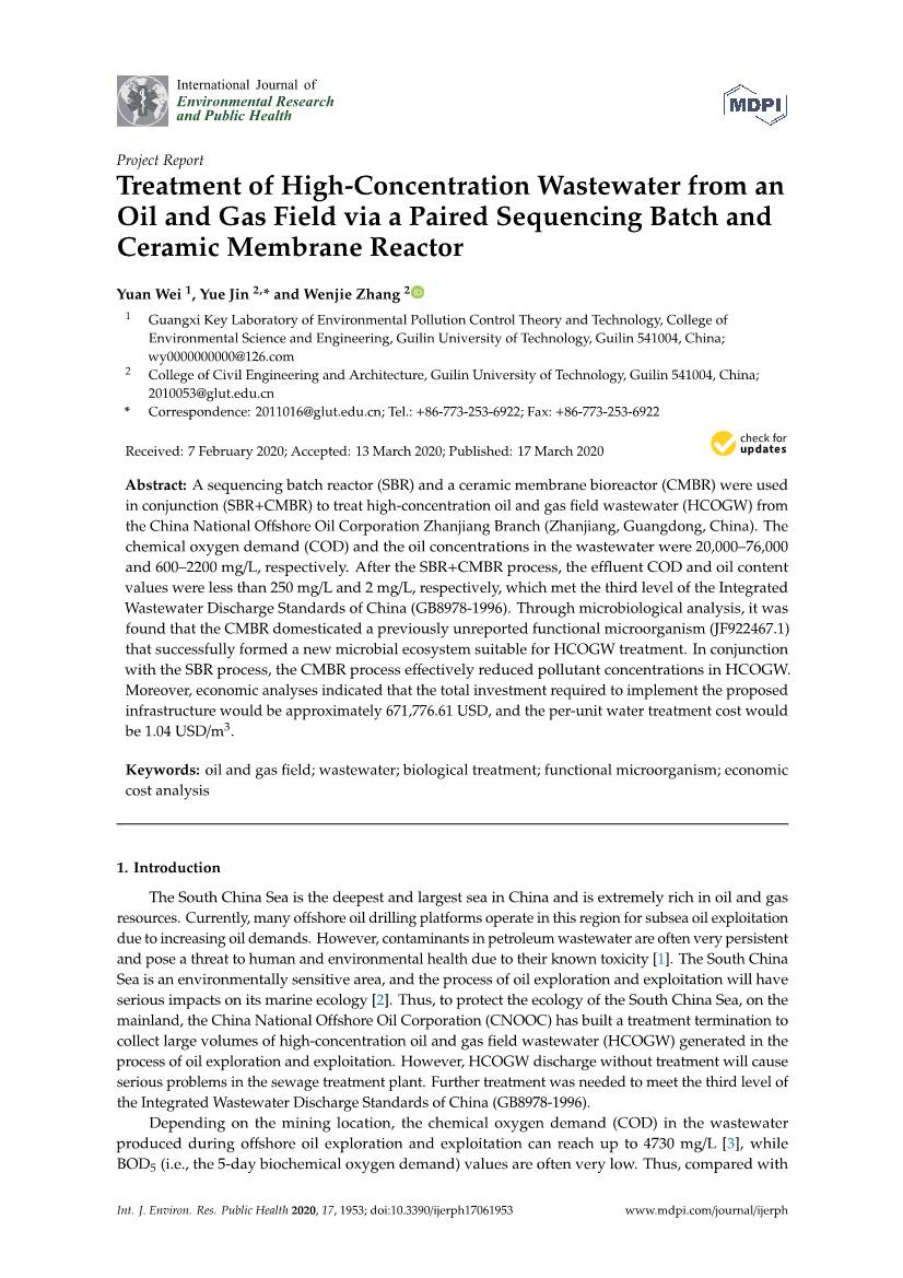 Treatment of High-Concentration Wastewater from an Oil and Gas Field Via a Paired Sequencing Batch and Ceramic Membrane Reactor
