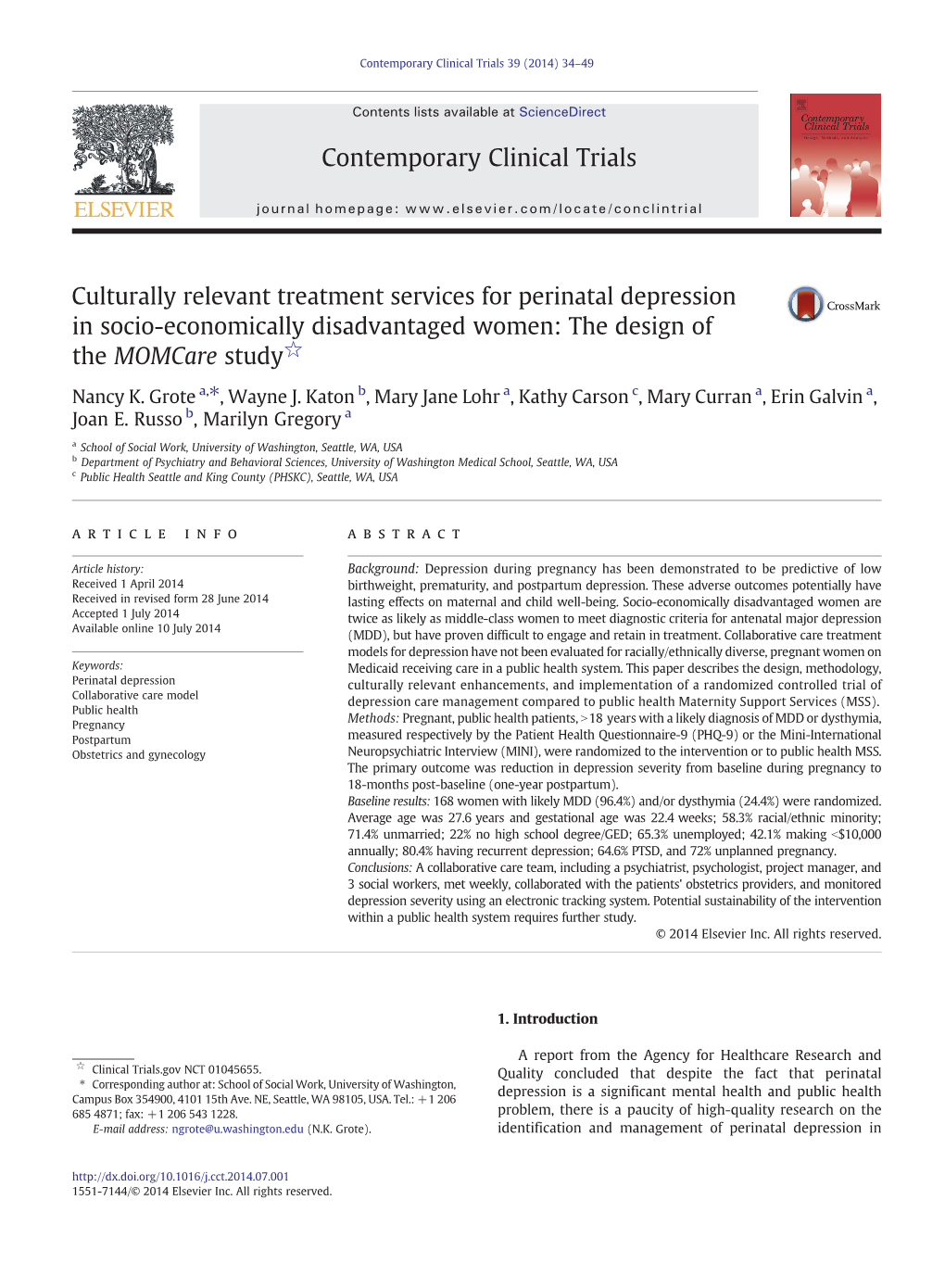 Culturally Relevant Treatment Services for Perinatal Depression in Socio-Economically Disadvantaged Women: the Design of the Momcare Study☆