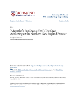 "A Jornal of a Fue Days at York": the Great Awakening on the Northern New England Frontier Douglas L