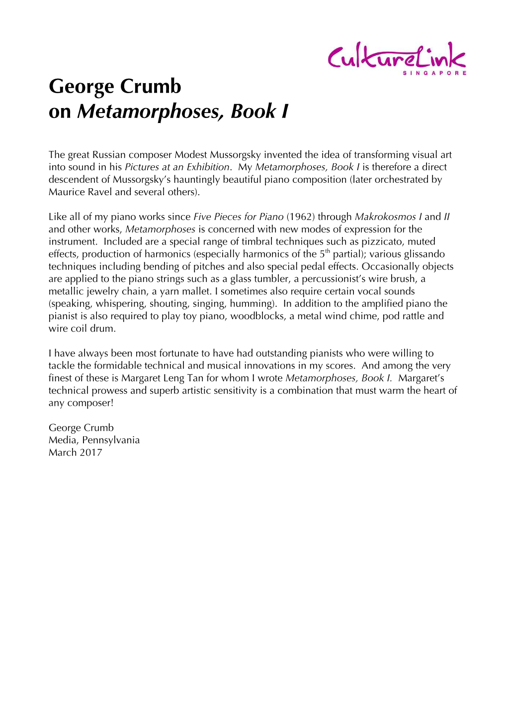 George Crumb on Metamorphoses, Book I