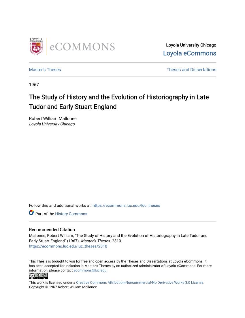 The Study of History and the Evolution of Historiography in Late Tudor and Early Stuart England