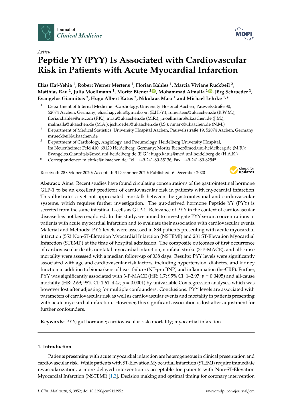 Peptide YY (PYY) Is Associated with Cardiovascular Risk in Patients with Acute Myocardial Infarction