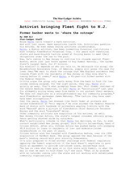 The Star-Ledger Archive Date: 2000/11/12 Sunday Page: 001 Section: BUSINESS Edition: FINAL Activist Bringing Fleet Fight to N.J