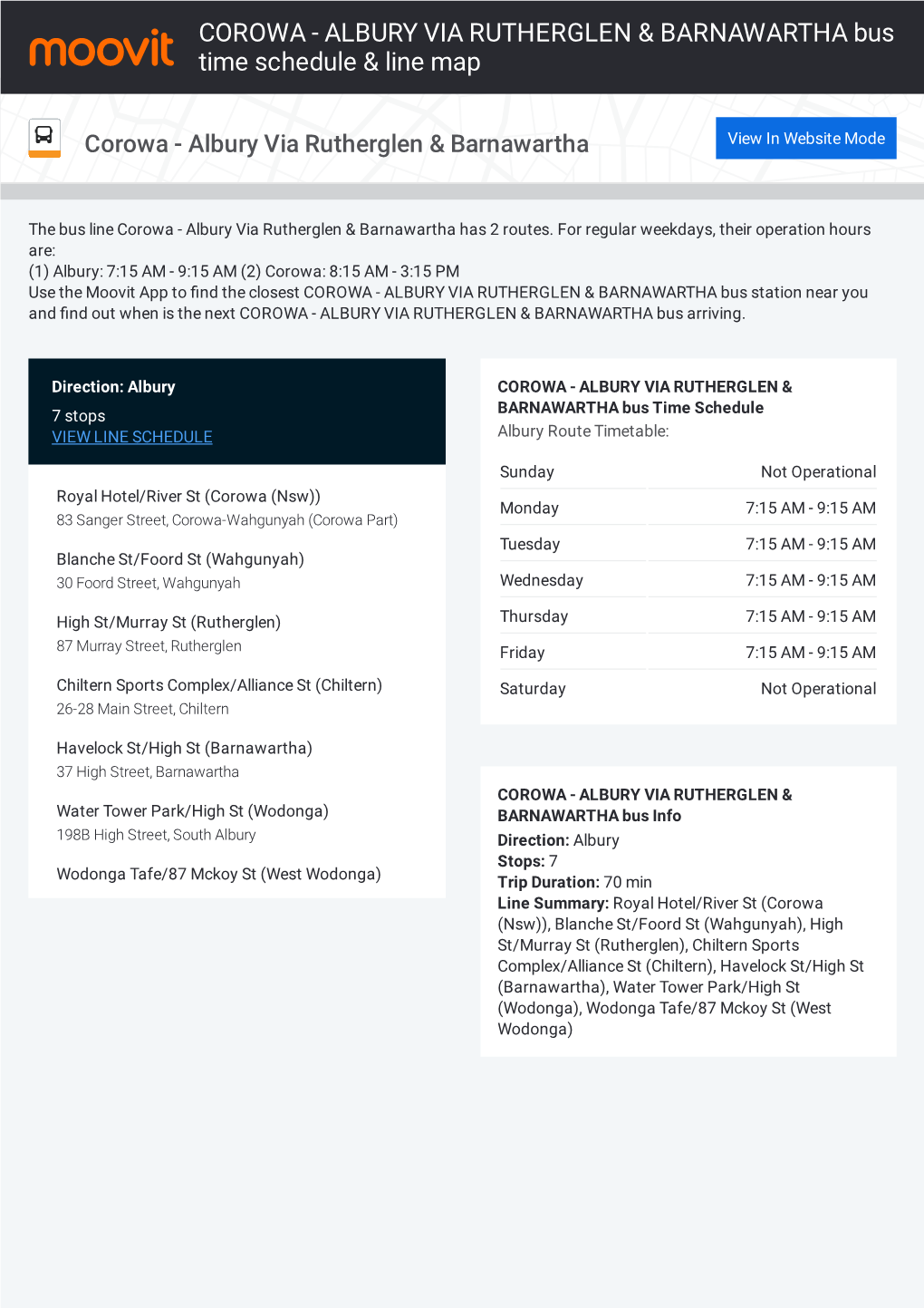 COROWA - ALBURY VIA RUTHERGLEN & BARNAWARTHA Bus Time Schedule & Line Map