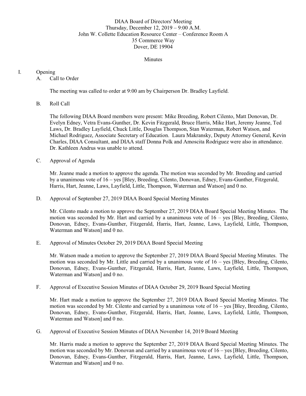 DIAA Board of Directors' Meeting Thursday, December 12, 2019 – 9:00 A.M