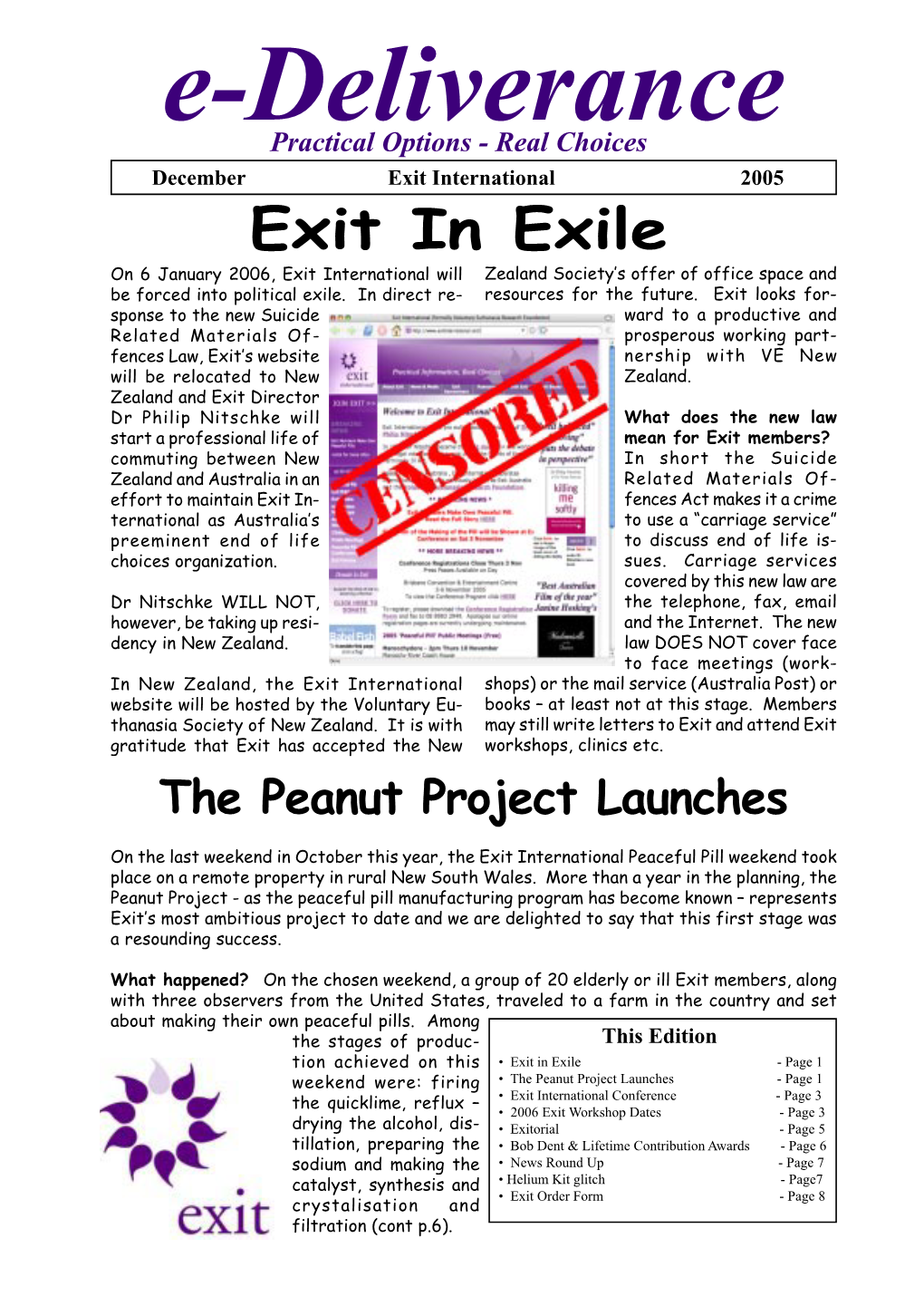 Exit in Exile on 6 January 2006, Exit International Will Zealand Society’S Offer of Office Space and Be Forced Into Political Exile